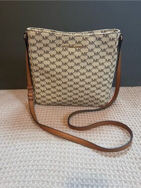 Michael Kors Signature MK Monogram Crossbody Messenger Bag Brown Beige